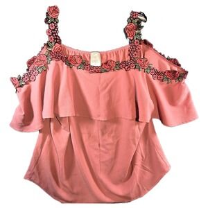 Shirt Women's Feminine Boho cold-shoulder floral embroidery Coral XL Sweet